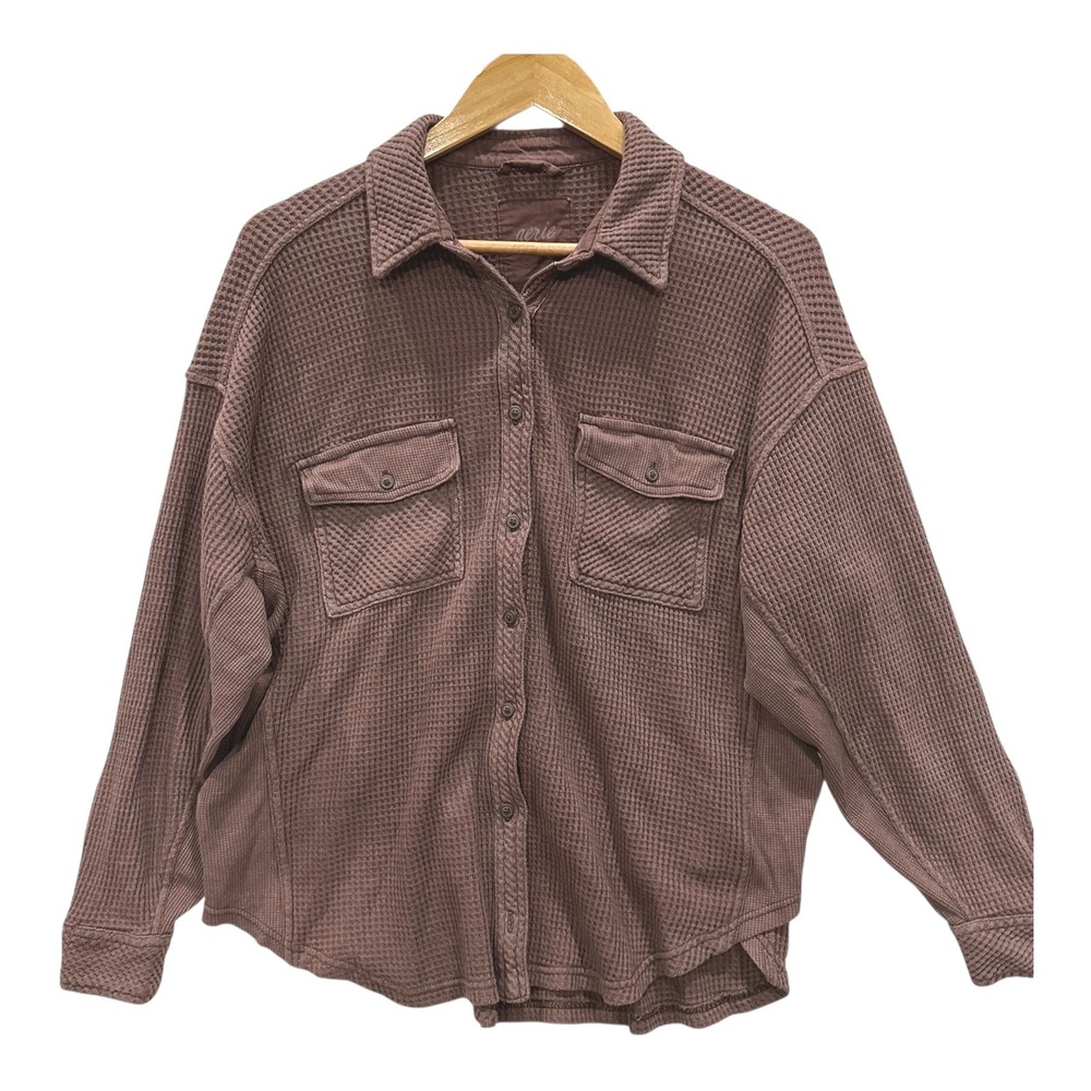 Aerie Waffle Knit Button Up Shirt Brown Oversized Thermal Shacket Top Large